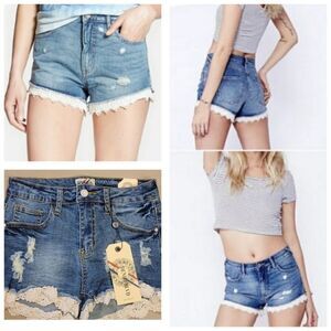 Distressed Denim Shorts with Lace Hem